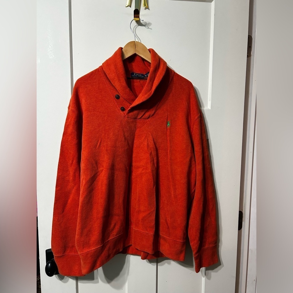 Polo Ralph Lauren Mens  Shawl Neck Cotton Sweater Orange green pony